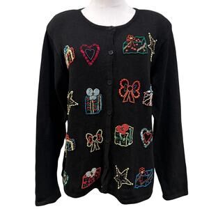 Vintage Arriviste Black Beaded Holiday Cardigan Sweater M Artsy Ramie Cotton